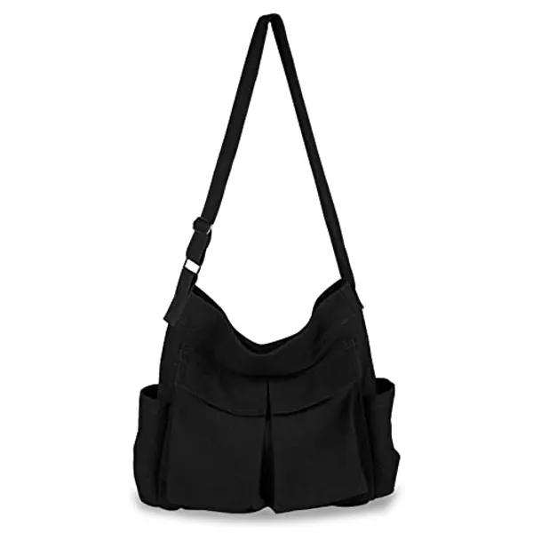 Canvas Messenger Bag, Multi-pockets Bag Casual Canvas Tote Bag for College Large Crossbody Shoulder Bag for Women and Men