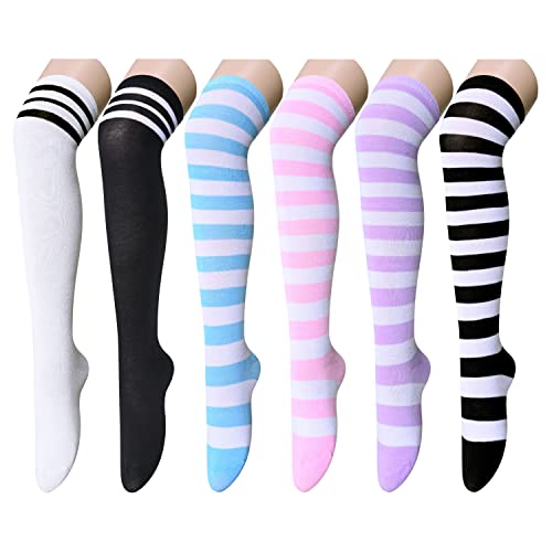 Zmart Striped Thigh High Socks Knee High Socks for Women Teen Girls, Over the Knee Long Socks - Medium - 3 Pairs Classic Colors 3 Pairs Bright Colors