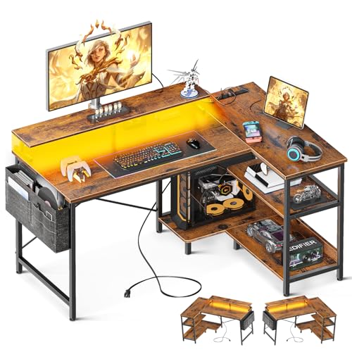 ODK 48 Inch Gaming Desk with USB Charging Ports and LED Lights, Reversible L Shaped Computer Desk with Storage Shelves & Monitor Stand, Corner Home Office Desk Table with Power Outlets, Vintage - Rustic Brown - 48 Inch