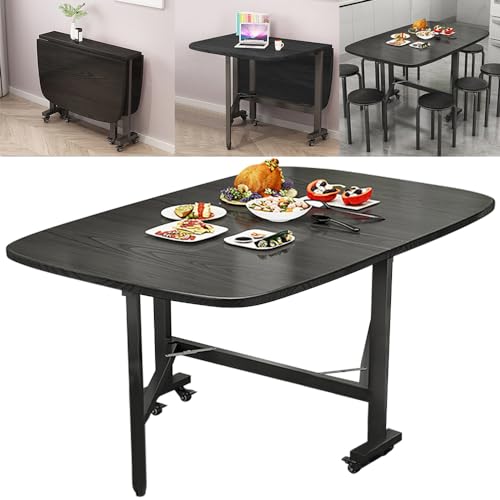 Rukulin Multifunction Table Drop Leaf Dining Table - 47" Solid Wooden Foldable Kitchen Table with 6 Wheels (Black) - Black