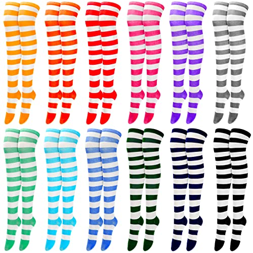 JaGely 12 Pairs Women Thigh High Socks Striped Knee High Socks Thigh High Socks for Women Multicolored Elastic over The Knee Long Stocking Socks for Women Girls Anime Cosplay Daily