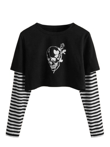 SweatyRocks Women's Color Block Butterfly Print Striped Long Sleeve Crop Top T Shirt