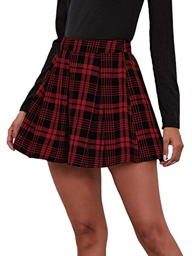 SweatyRocks Women's Casual High Waist Plaid A Line Pleated Mini Skirt - Medium - Red Black