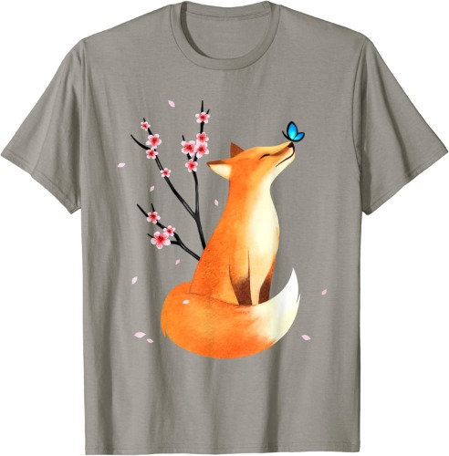 Fox Japanese Cherry Blossom Flower Vintage Gift T Shirt