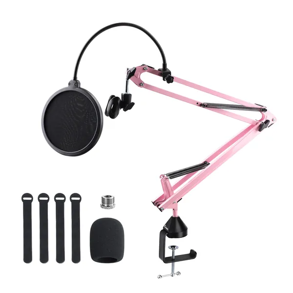 Microphone Stand, Cicano Mic Boom Arm Suspension Scissor with Shock Mount, Mic Clip Holder Upgraded Desk Clamp for Blue Yeti Snowball Ice and Other Mics Pink