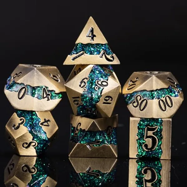 Maywin Metal RPG Dice Set,Mica Glitter Stripe Dice DND,Antique Bronze Dice 7pcs Set for Dungeons and Dragons