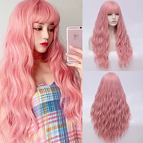 FVCENT 27 Zoll lange lockige Frauen Mädchen charmante synthetische Perücke mit Pony (Rosa) - Rosa