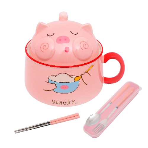 Keramische Ramen kom met deksel, instant noedelkom, 980 ml, schattige kat, slakommen, mueslikommen, soepkom voor instant noedel, keuken, thuis, servies (varken eten) - varken eten