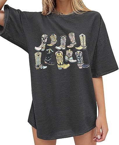 Cowgirl Boots Shirt Women Coutry Music T Shirt Western Tee Vintage Oversized Music Concert Blouse Top - Medium - Dark Grey-01