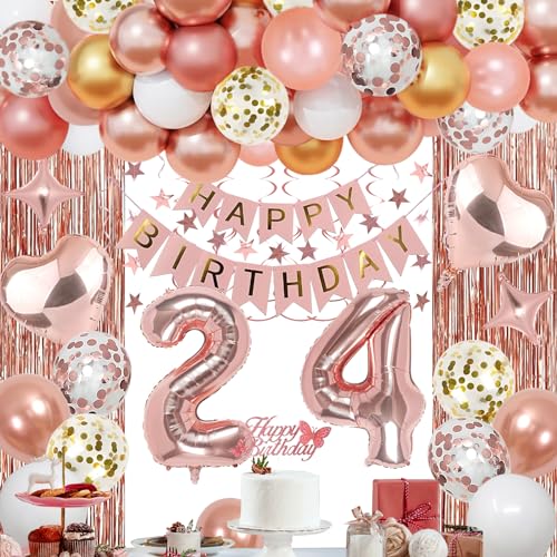 NANINUNENO 24th Rose Gold Birthday Party Decorations for Women, Rose Gold Happy Birthday Banner, Fringe Curtains, Heart Foil Balloons, Confetti Balloons, Cake Topper for 24th Birthday Decorations - 24