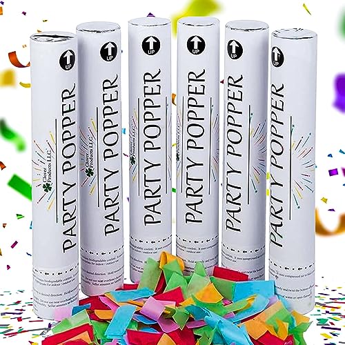 Clover Products Premium 12" Confetti Cannon – 6 Pack Multicolor Biodegradable Confetti Popper | Compressed Air Launches Confetti 20-25 feet | Party Poppers for Parties, Birthdays, Weddings etc. - Multi