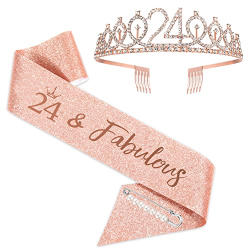 BRT Bearingshui 24th Birthday Sash and Tiara for Girls, Rose Gold Birthday Sash Crown 24 & Fabulous Sash and Tiara for Girls, 24th Birthday Gifts for Happy 24th Birthday Party Favor Supplies