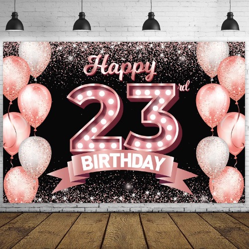 Happy 23rd Birthday Rose Gold Banner Backdrop Cheers to 23 Years Old Confetti Balloons Theme Decor Decorations for Women 23 Years Old Pink Birthday Party Bday Supplies Background Favors Gift Glitter