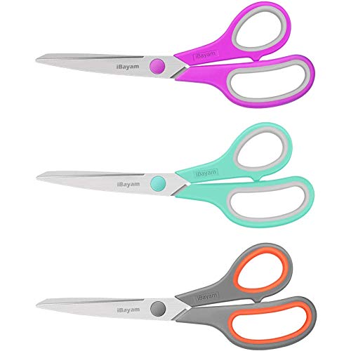 Scissors, iBayam 8" All Purpose Scissors Bulk 3-Pack, Ultra Sharp 2.5mm Thick Blade Shears Comfort-Grip Scissors for Office Desk Accessories Sewing Fabric Home Craft School Supplies, Right/Left Handed - Mint, Grey, Purple - 3-Pack