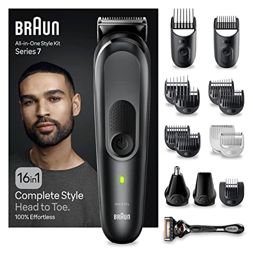 Braun 16-in-1 All-in-One Style Kit Series 7, Male Grooming Kit With Beard Trimmer, Hair Clippers, Precision Trimmer & Gillette Razor, Gifts for Men, UK 2 Pin Plug, MGK7470, Black - Black - MGK7470