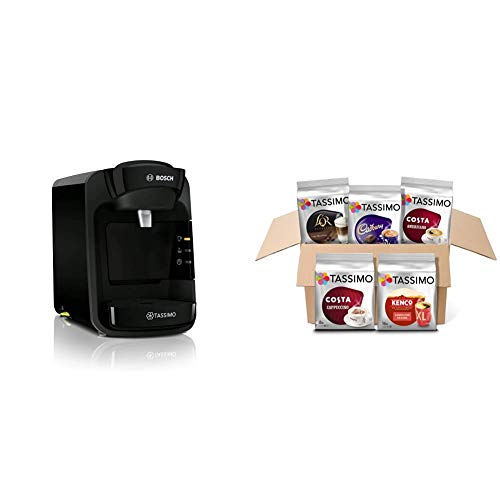 Tassimo by Bosch Suny Special Edition TAS3102GB Coffee Machine, 1300 Watt, 0.8 Litre, Black Variety Box Costa, Kenco, Cadbury and L'OR Coffee Pods (Pack of 5, Total 56 Coffee Capsules) - with Drink Variety Pods - Black