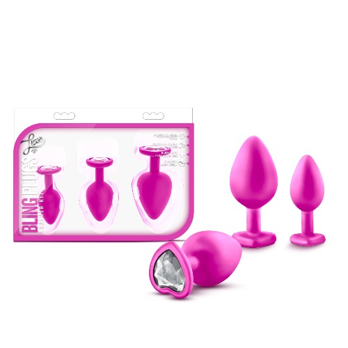 Blush Luxe - Anal Bling Butt Plugs Heart Shape Gem Sex Toy 3 Piece Training Kit Satin Silicone - Pink White Faux Diamond - Pink