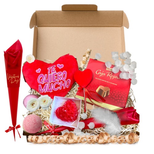 FAMILYCOM. Cesta regalo caja roja. Surtido con Chocolates originales de regalo. Bombones Nestle, Peluche corazon te quiero, Rosa de Amor, Pluma Masaje, bomba de baño,Vela aromática San Valentin