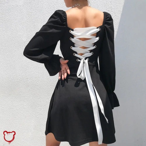 'Black & White Lace Dress' - Black / L