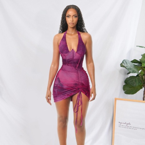 Amorino Halter Mini Corset Dress - Purple / M