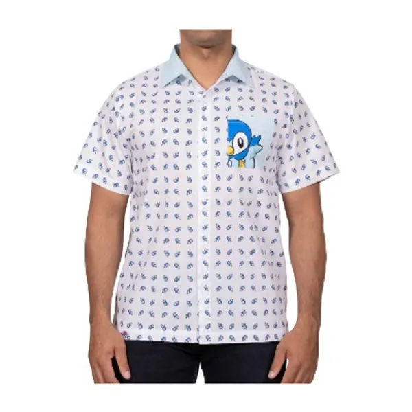 Piplup White Short-Sleeve Button-Up Shirt - Adult