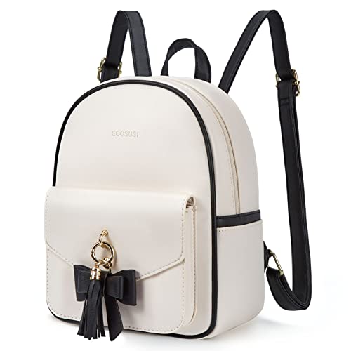 ECOSUSI Mini Backpack for Women Girls Cute Bowknot Small Backpack Purse Ladies Leather Bookbag Satchel Bag, with Charm Tassel - Black&beige
