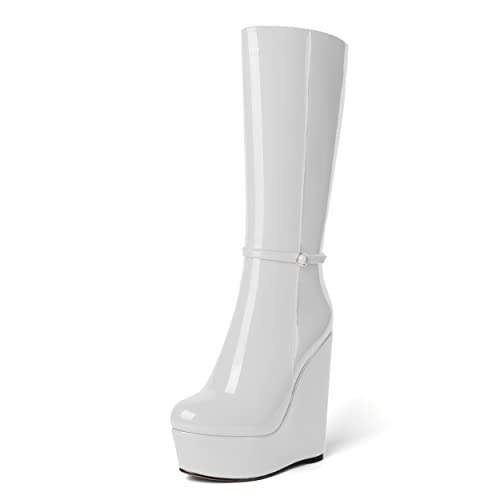 WAYDERNS Womens Fashion Zip Dating Platform Round Toe Patent Wedge High Heel Mid Calf Boots 6 Inch - 11.5 - White