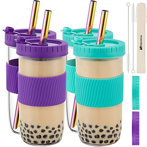 Reusable Boba Cup Bubble Tea Cup 4 Pack, 24Oz Wide Mouth Smoothie Cups with Lid, Silicone Sleeve & Angled Wide Straws, Leakproof Glass Mason Jars Drinking Water Bottle Travel Tumbler for Large Pearl - Mint Green & Dark Purple