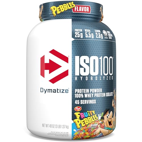 Dymatize ISO100 Hydrolyzed Protein Powder, 100% Whey Isolate , 25g of Protein, 5.5g BCAAs, Gluten Free, Fast Absorbing, Easy Digesting, Fruity Pebbles, 3 Pound - Fruity Pebbles - 46 Servings (Pack of 1)