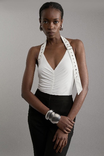 Jersey Crepe And Pu Mix Jersey Halter Bodysuit | Karen Millen