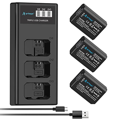 Artman 3-Pack NP-FW50 Battery and Upgraded 3-Slot LCD Charger Compatible with Sony ZV-E10, Alpha A6000 A6300 A6400 A6500 A5000 A5100 A7 A7II A7R A7RII A7S A7SII RX10 II III Camera - black