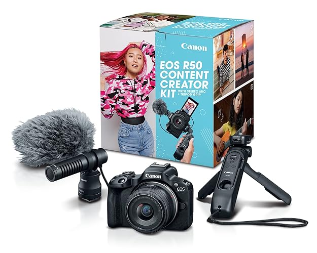 Canon EOS R50 Content Creator Kit, Hybrid Mirrorless Camera with RF-S18-45mm F4.5-6.3 IS STM Lens, Tripod Grip, Microphone, Wireless Remote Control, 24.2 MP CMOS (APS-C) Sensor, Vlogging Camera, Black - EOS R50 Content Creator Kit - Black