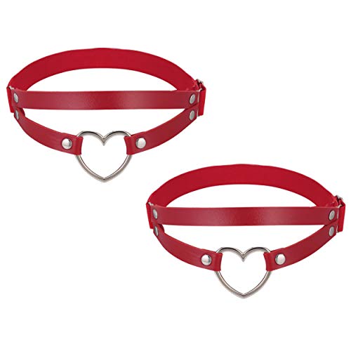 FM FM42 Multicolor PU Simulated Leather Women's Gothic Double Straps Heart O Ring Leg Thigh Elastic Garter Belt, One Pair - Red, One Pair
