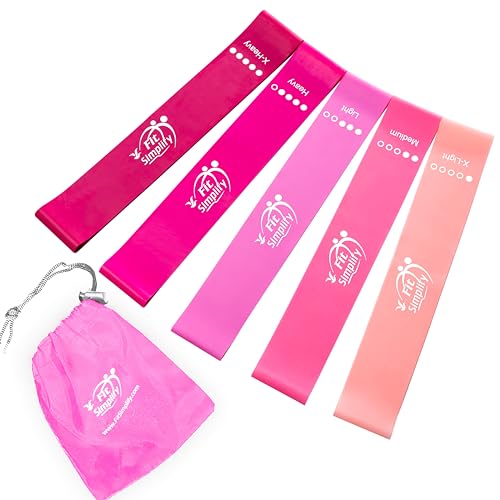 Fit Simplify Resistance Loop Exercise Bands with Instruction Guide and Carry Bag, Set of 5 - Pink