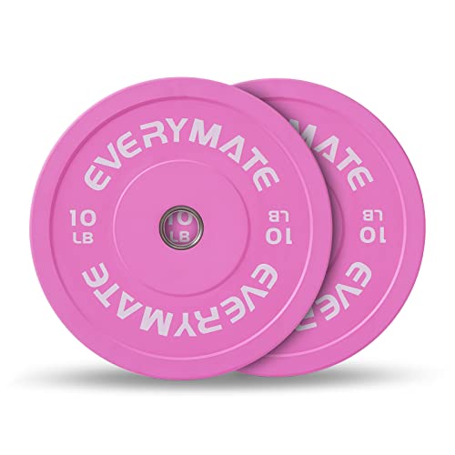 EVERYMATE Pink Weight Plates 10LB 15LB 25LB 35LB 45LB Olympic Bumper Plates Grip Weight Plates for Strength Training & Crossfit Steel Inserts Weight Plates Fit 2" Barbells Virgin Rubber Weights - 10LBx2-Pink