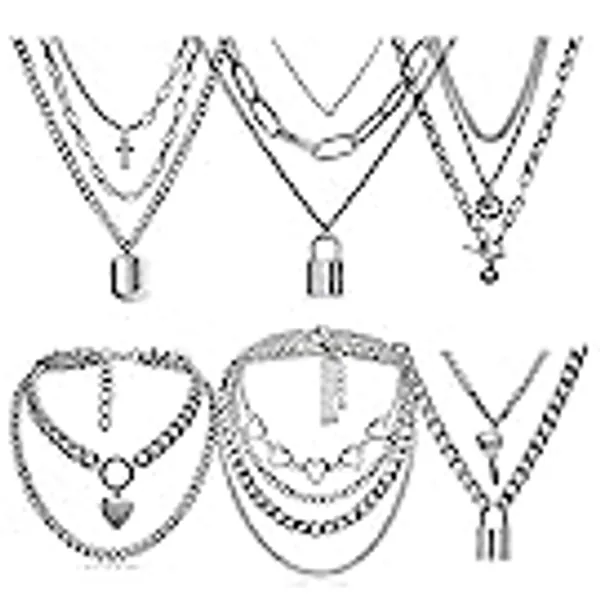 6-9 PCS Chain Necklace Egirl Men Male Emo Goth Chains Statement Lock Key 1-4 Layered Pendants Necklace for Women Teen Girls Boys Eboy Long Multilayer Chains Punk Choker Silver and Gold Set