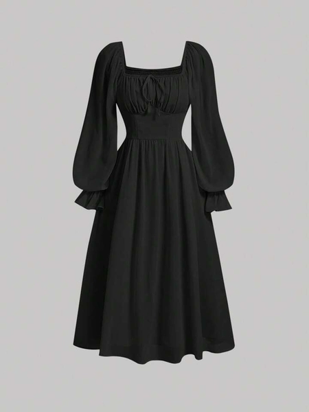 SHEIN MOD Square Neck Flare Sleeve Ruched Bust Dress