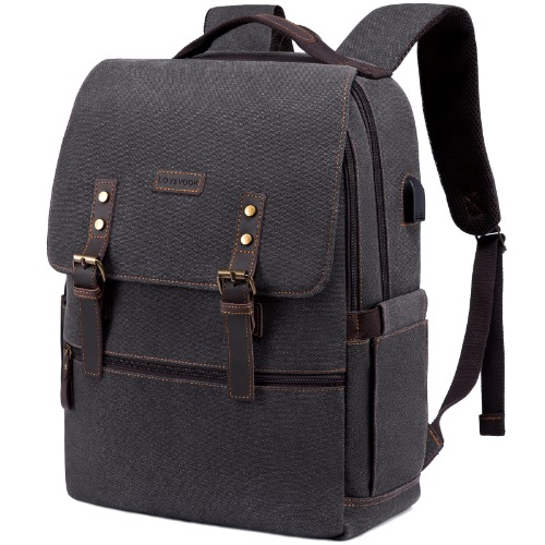 LOVEVOOK Canvas Vintage Laptop Backpack for Men Women,Waterproof Travel Backpack Outdoor Sports Hiking Rucksack Casual Daypack School Bag Bookbag with USB Charging Port Fit 17.3 Inch - Black 17.3 Inch