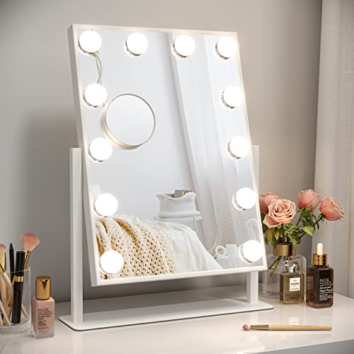 Dripex Hollywood Vanity Mirror, Light Up Makeup Mirror with 12 LED Dimmable Bulbs, 360°Rotation, 3 Color Lighting Modes, Removable 5X Magnifying for Dressing Table - White 12 Led
