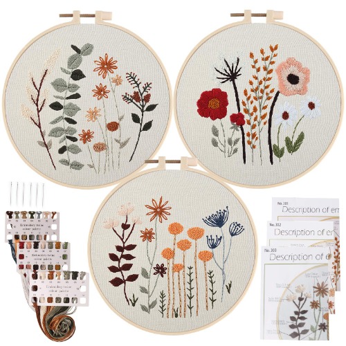 Uphome 3 Pack Embroidery Starter Kit for Beginners Stamped Cross Stitch Kits with Cute Flowers and Plants Patterns with Embroidery Hoops and Color Threads for Adults Kids - 
