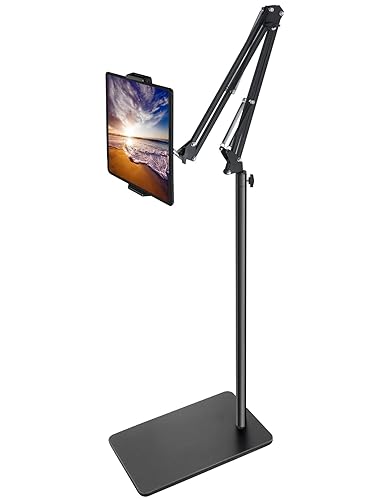 BluuSuuk Tablet Floor Stand with Double Weight Base, Overhead Bed Phone Mount Height Adjustable Arm Stretchable Stand Holder, Compatible with iPad Mini Air Pro, Galaxy Tab, Kindle, Switch, Cell Phones
