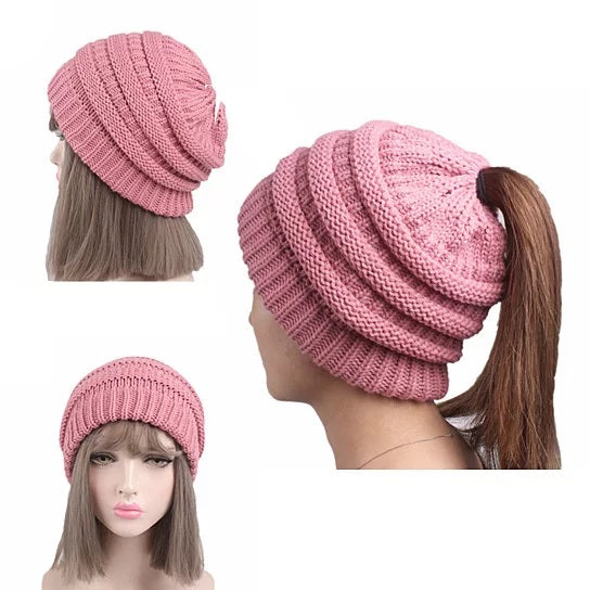 Pony Beanie Super Cute Cable Knit Hat - H-COFFEE