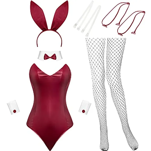 Geyoga Costume de Lapin Bodysuit Lingerie et Queues Femmes Kit de Tenue de Lapin pour Halloween Noël Costume de Fête de Cosplay (M, Vin Rouge)