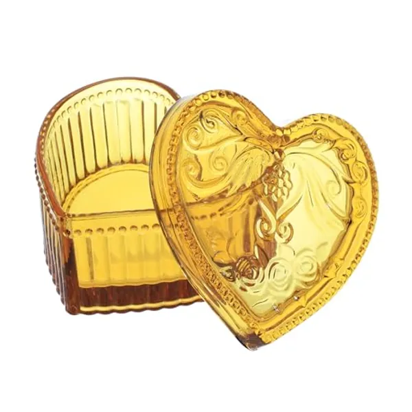 Gaolinci Crystal Glass Heart-Shaped Storage Box Embossed Jewelry Box Candy Box with Lid - Amber