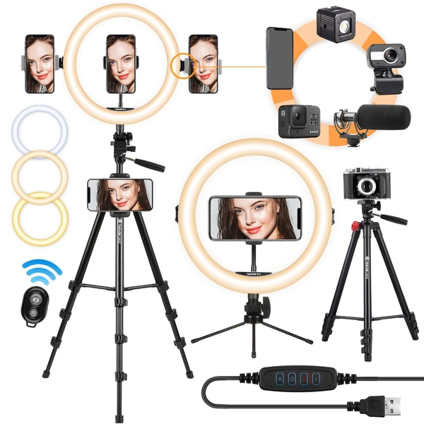 TARION Led-selfieringlamp, ringlamp met statief, lichtset, 11 inch, flitsapparaat met statief, telefoonhouder, afstandsbediening, dimbare lamp voor videocamera, fotografie, vlogopname, portret