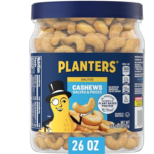 PLANTERS Salted Cashew Halves & Pieces, Party Snacks, Plant-Based Protein, Quick Snack for Adults, After School Snack, Roasted Cashews, Flavored with Sea Salt, Bulk Nuts, Kosher, 26oz Canister - Salted - 10 Ounce (Pack of 1)