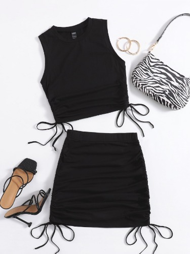 SHEIN EZwear Ruched Drawstring Tank Top & Skirt Set