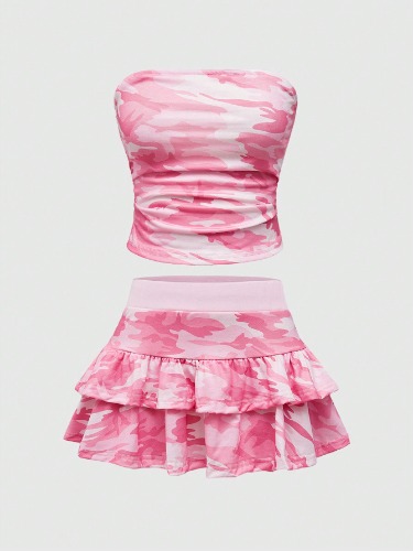 ROMWE Grunge Punk Y2K Camouflage Allover Print Cropped Tube Top And Ultra Short Skirt 2-Piece Set, Sexy