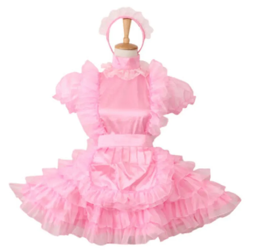 Hot Selling Lockable Sissy Pink Maid Satin Organza Ruffle Lace Bubble Sleeves Lovely Lolita Gothic Dress Role Play Dress Customi - AliExpress 