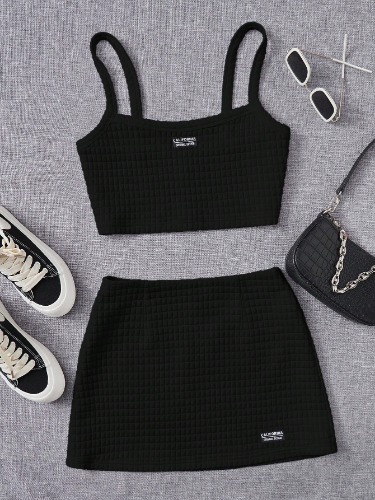 SHEIN EZwear Letter Patched Detail Cami Top & Skirt